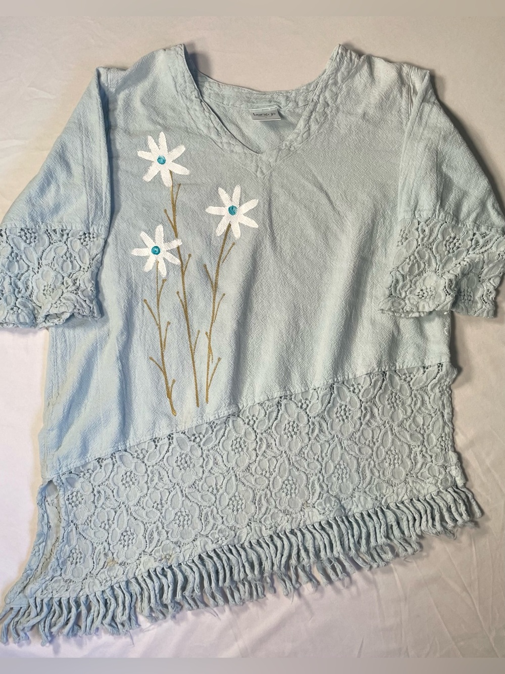 Light Blue Hand Painted Floral Lace Fringe V-Neck Women's Tunic Top Coastal Boho